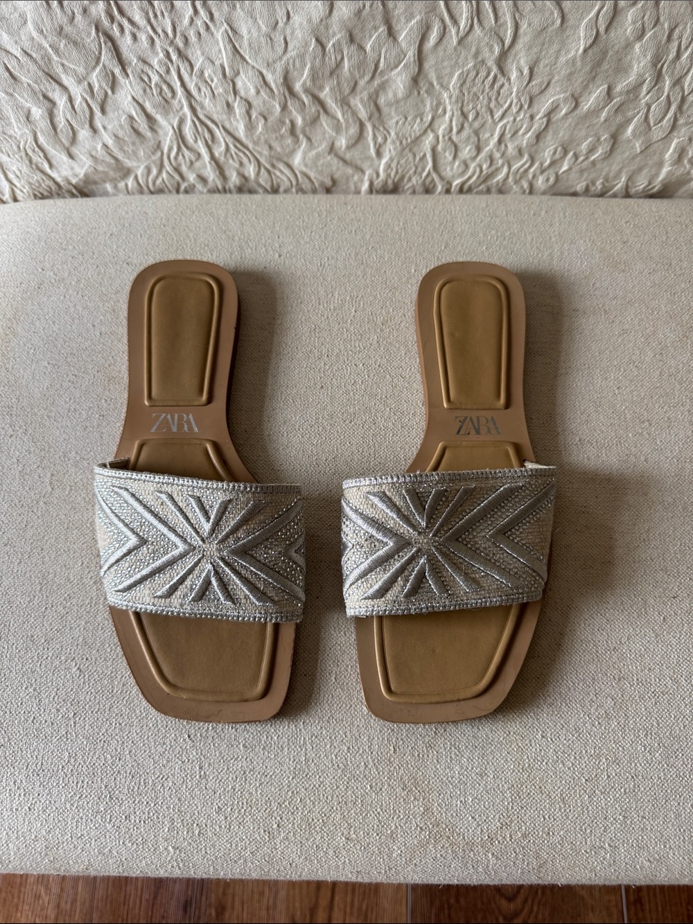 ZARA Beaded Silver-Embellished Tan Slide Sandals
